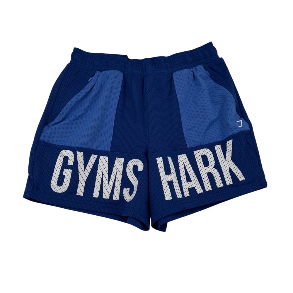 Gymshark Mesh Athletic Shorts Womens Small Blue Excellent Graphic Zipper Pockets